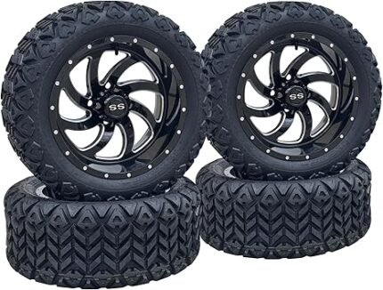 14 Inch Glossy Black Phantom Golf Cart Wheels & Tires Set of 4, 23x10-14 All Terrain Tires, DOT Certified Golf Cart Wheels Compatible